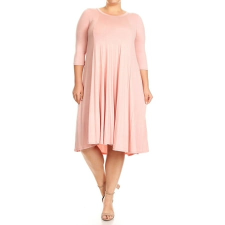 Women's Casual Plus Size Loose Fit 3/4 Sleeve Jersey Knit A-Line Solid Midi Dress