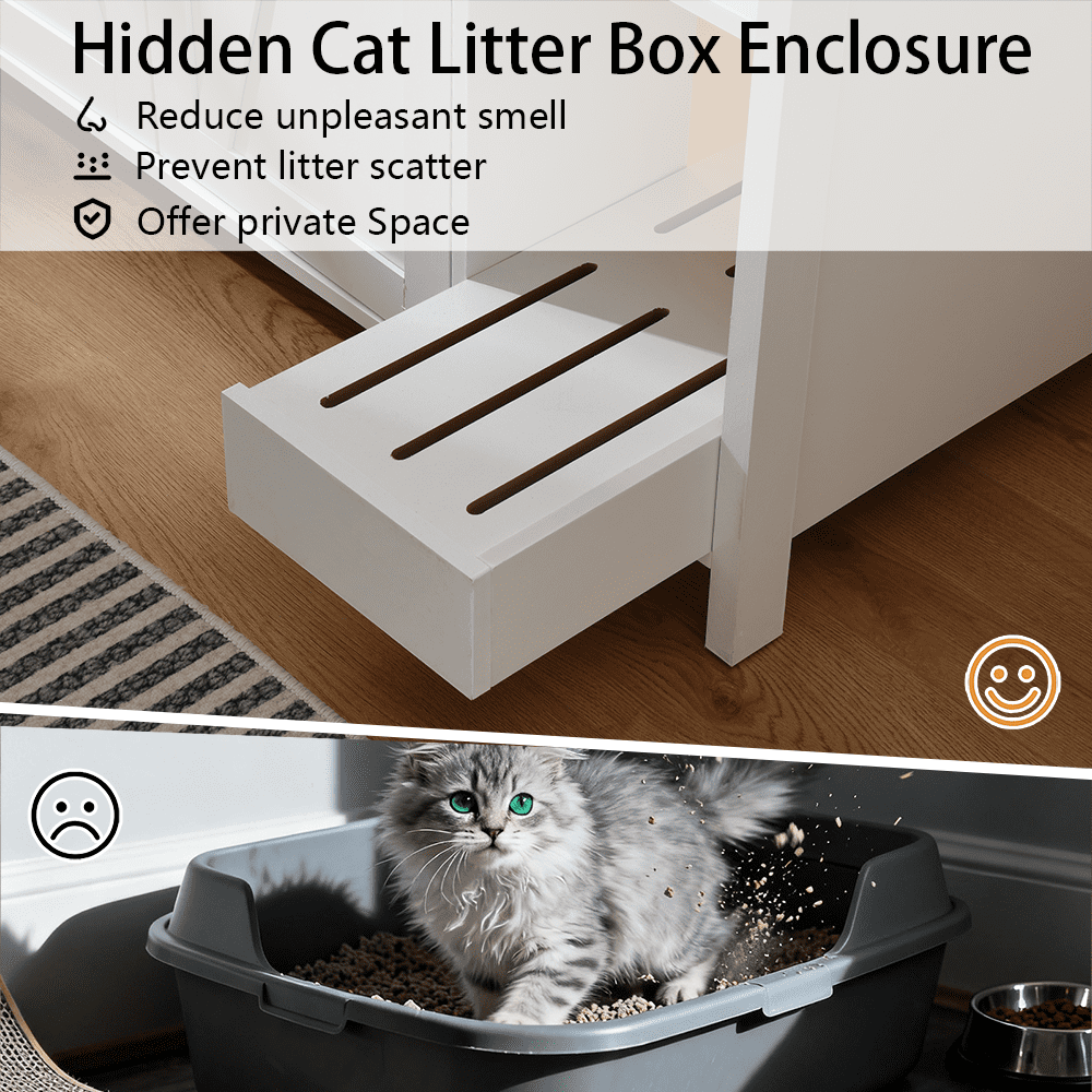 Litter Enclosure with Litter Collector, Litter Cabinet with Dog-Proof Adjustable Shelf, for Placing Cat Robot 3/4, Power Outlet ,Cloud White