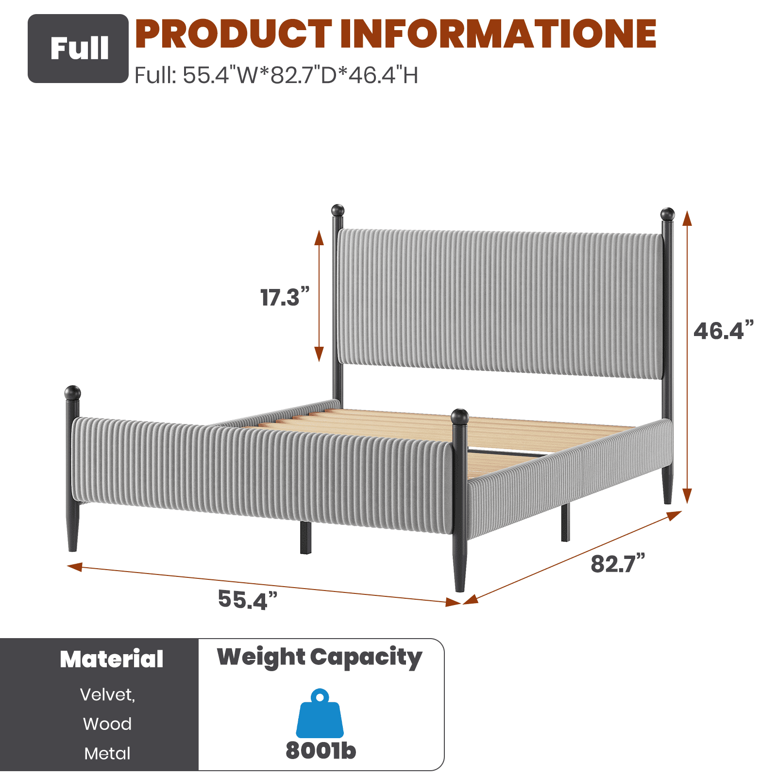 Full Size Upholstered Bed Frame with Velvet Headboard, Soft Corduroy Fabric Platform Bed with Wooden Slats Support, No Box Spring Needed, Grey