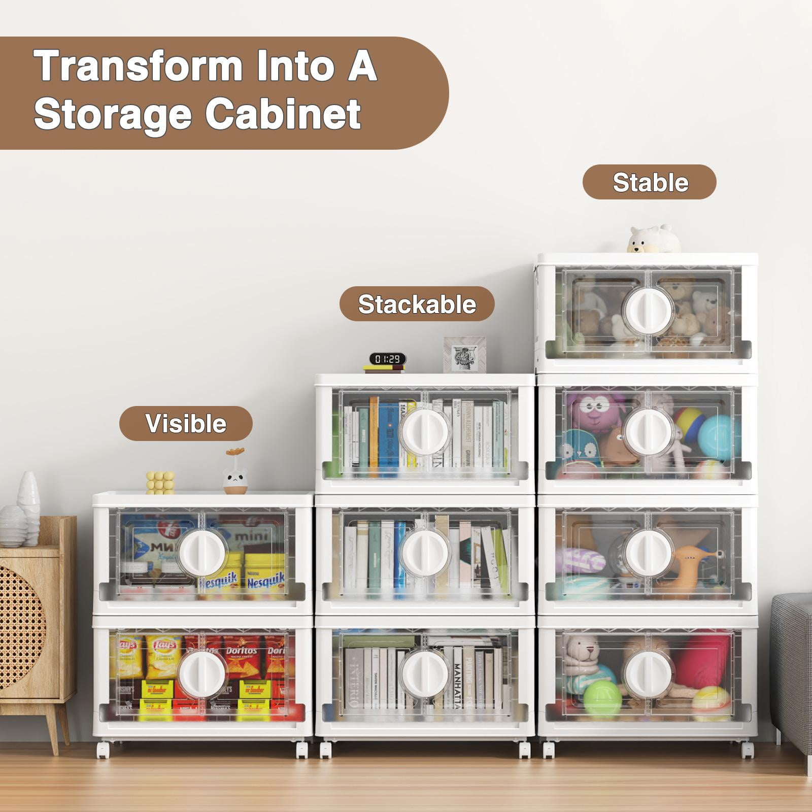 BROVIEW V9 120Gal Stackable Storage Bins, Plastic Collapsible Storage Bins with Lids and Wheels, Clothes Organizers and Storage Drawer, Folding Cabinets with Doors for Home, 4PCS White