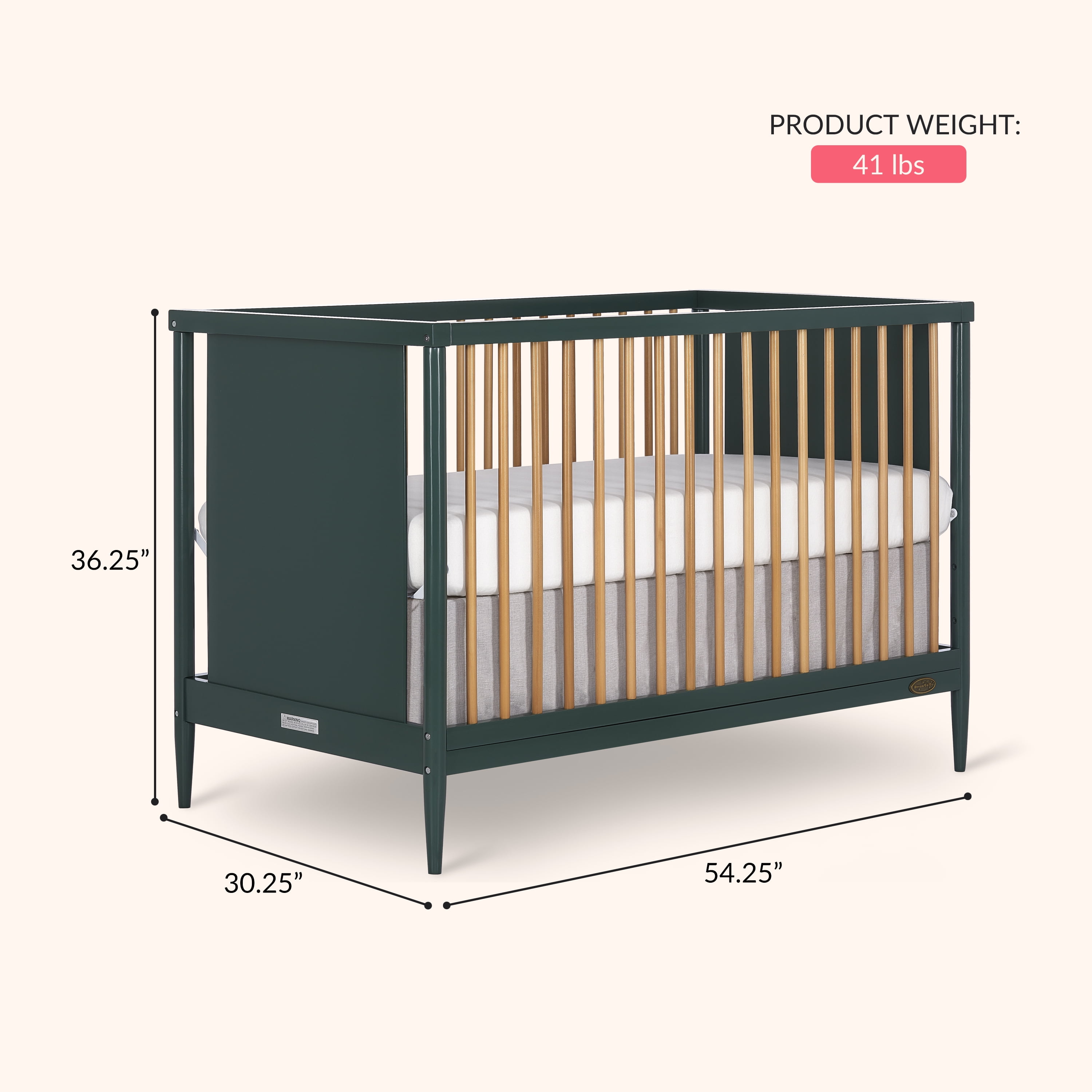 Dream On Me Clover 4 In 1 Modern Island crib With Rounded Spindles I Convertible Crib I Mid- Century Meets Modern I Coordinates With The Clover Changing Table in Olive Finish