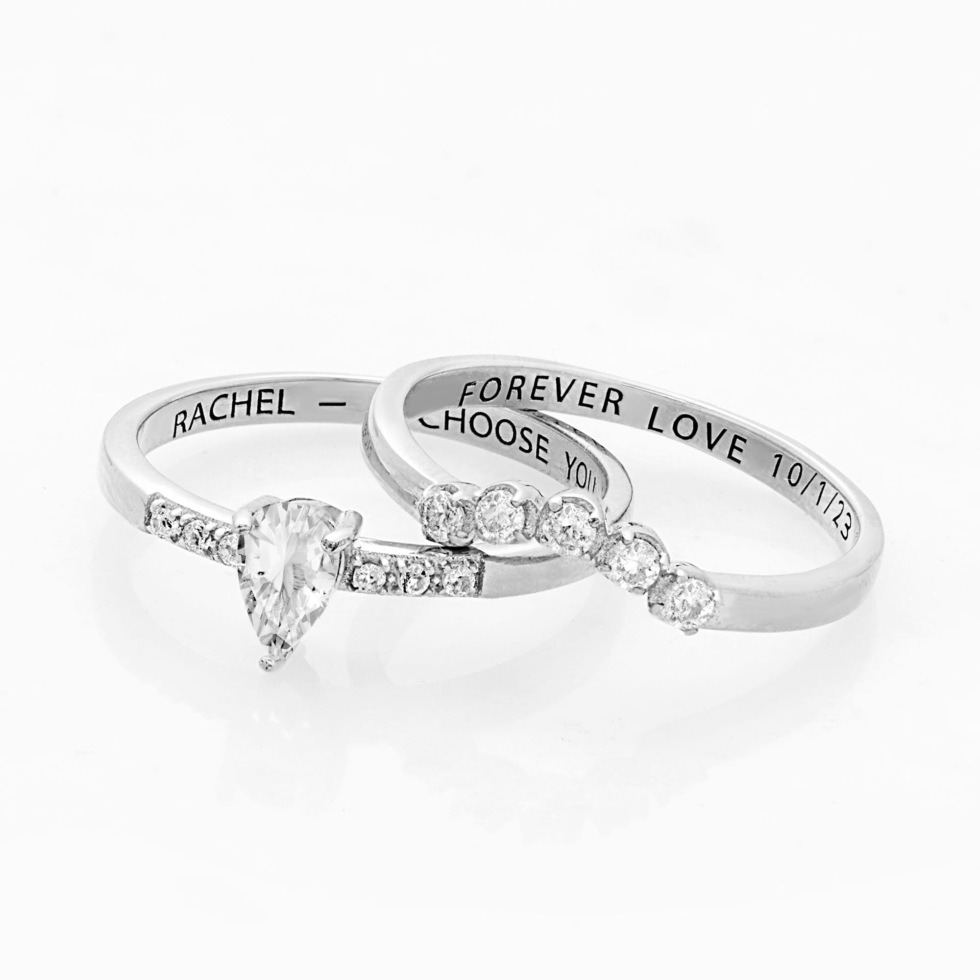 Vow & Forever Personalized Planet Bridal Platinum over Sterling Silver Pear White Topaz 2 Piece Engraved Wedding Set ,Women's