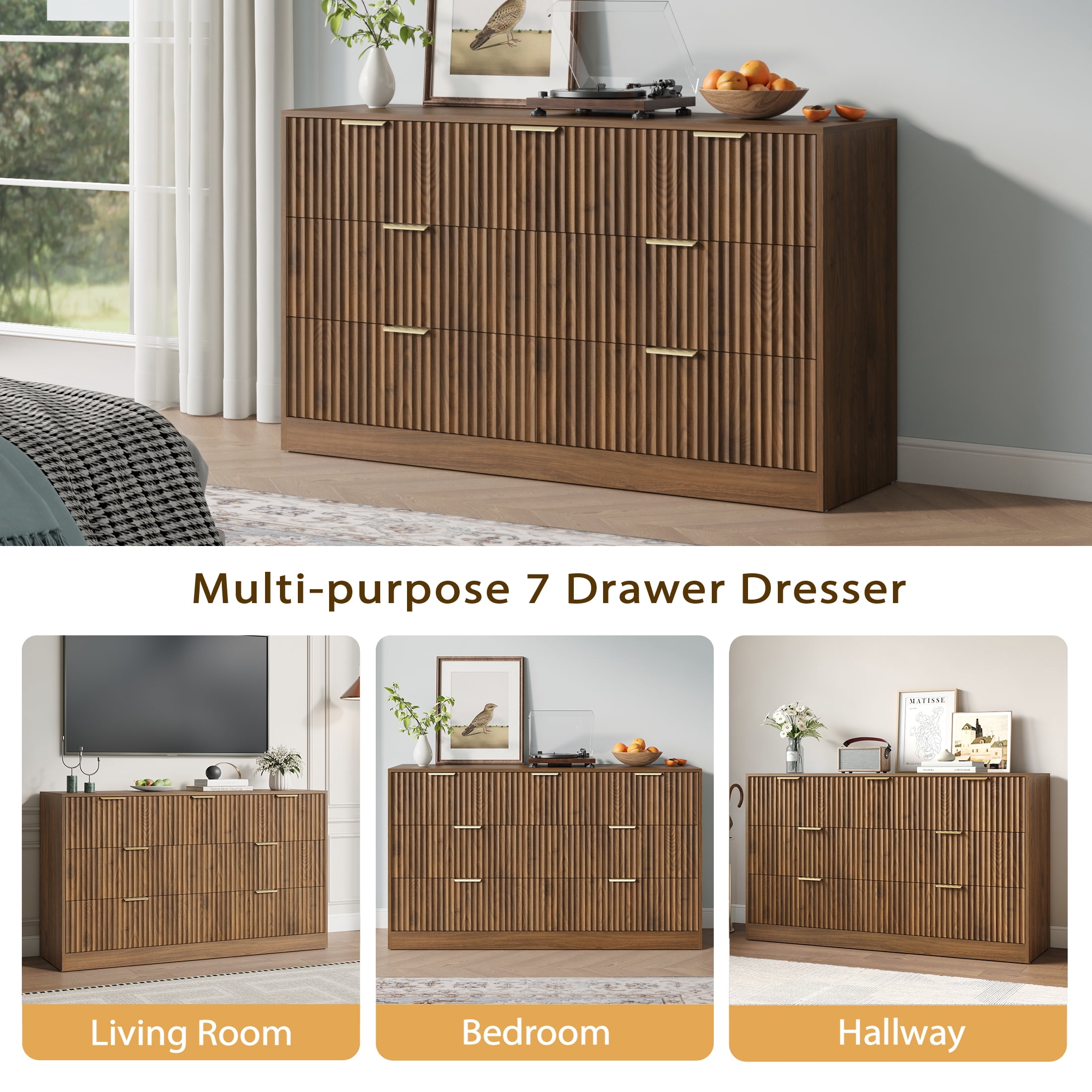 YouTrend 55.1"W Fluted Dressers for Bedroom with 7 Drawers,Modern Chest of Drawer TV Stand for Adults,Wood Clothes Storage for Living Room,Brown
