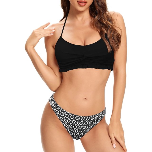 Halter Impreso Twist Front Bikini Ruffle Trajes de baño de Cintura Baja Negro M Negro M Xishao ropa