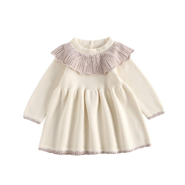 Odeerbi Niñas Suéter Algodón Vestido Cuello de Encaje Princesa Vestidos Niños Color Sólido Dulce Cuello Redondo Vestido Manga Larga