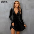 thumbnail image 2 of Laklulu Minivestido patinador con vuelo y escote en V de fiesta de terciopelo de manga larga con cuello en V para mujer - Negro, L, 2 of 5