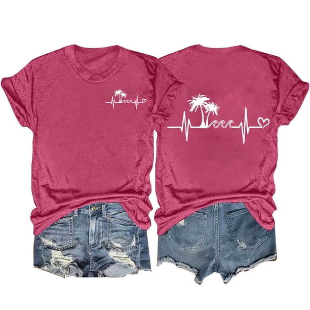 Tops Cortos para las Mujeres, Casual Impreso Delantero Corto Espalda Larga Manga Corta Raglan Cuello Redondo Blusa Hecha de Poliéster, Tops Largos para las Mujeres
