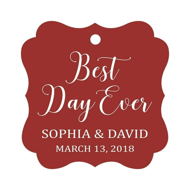 Darling Souvenir Personalized Fancy Frame Wedding Gift Tags 'Best Day Ever' Custom Name & Date Favor Hang Tags-Maroon-100 Tags