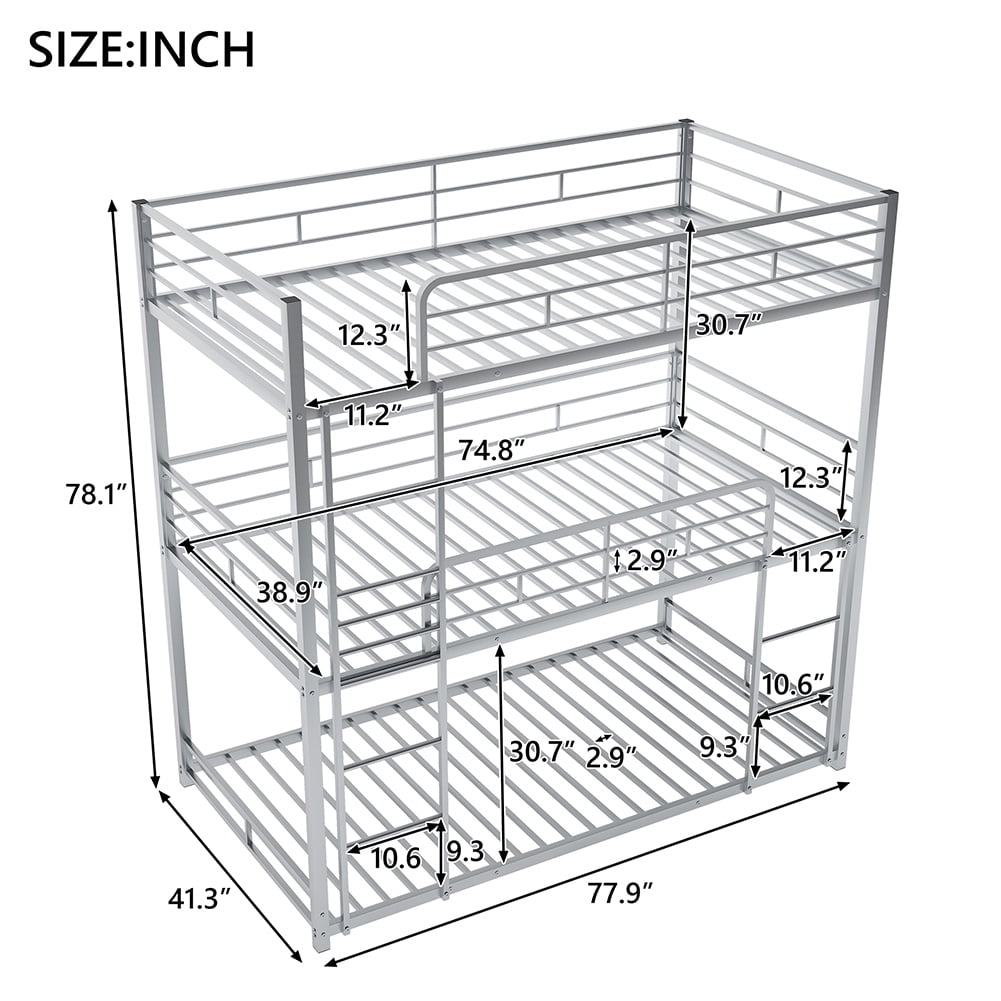 Kadyn Metal Triple Bunk Bed, Twin Over Twin Over Twin Bunk Bed, Heavy Duty Steel Frame, Silver Kadyn Metal Triple Bunk Bed, Twin Over Twin Over Twin Bunk Bed, Heavy Duty Steel Frame, Silver