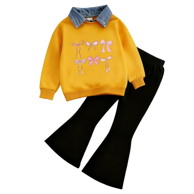 Caqnni Girl Relaxed Fit Two-Piece Set Featuring a Classic Polo Lightweight Pullover Sweatshirt and Trendy Flare Pants for Spring and Fall(Light Purple,4-5 Years)