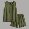 thumbnail image 6 of Karymi Going Out Tops for Women 2 Piece Solid Linen Blend Outfit Set, Crew Neck Sleeveless Eyelet Lace Ruffle Hem Tank Top+Elastic Drawstring Ruffle Shorts Rompers for Women, 6 of 9