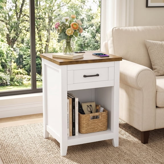 Easoger Farmhouse Nightstand with Charging Station & Large Storage, End Tables with Outlets & USB Ports for Bedroom, White Walnut