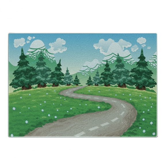 Spring Cutting Board, Clear Blue Sky Landscape Spring Flowers and Pathway Among Pine Trees, Decorative Tempered Glass Cutting and Serving Board, Small Size, Hunter Green Pale Blue, by Ambesonne
