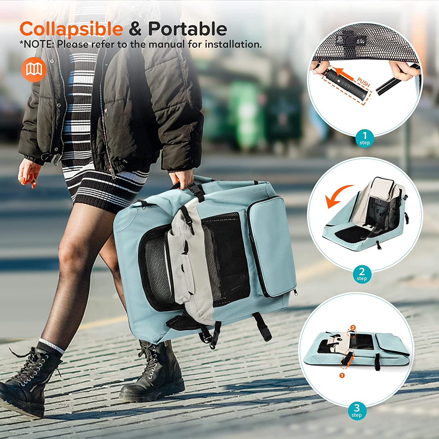 Large Collapsible  with Bowls, 24x17x17" Soft Travel Bag for Cats & Dogs, Blue