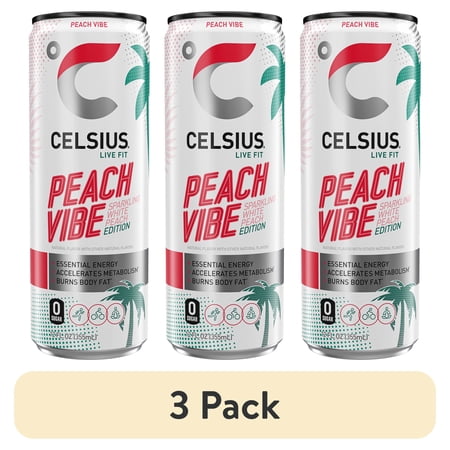 (3 pack) CELSIUS Sparkling Peach Vibe, Functional Energy Drink 12 fl oz Single Can