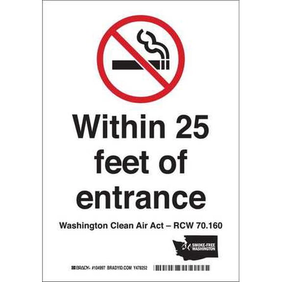 BRADY WA State No Smoking Sign,10x7,BK/RD/WHT 104997