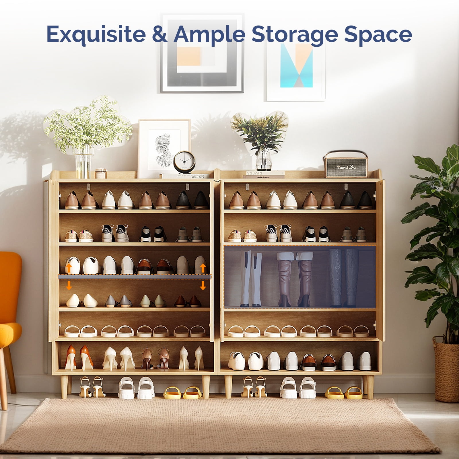 2 Cabinet Doors with Top Enclosure and 1 Row of Shelves for Shoe Cabinets Melamine Board + MDF Conical Leg Grille Shoe Cabinet 31.61*14.17*41.97in Oak