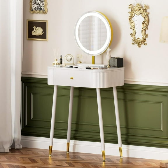 WinZo 24" Vanity Desk with Mirror and Lights, Small Makeup Vanity Table with 1 Storage Drawers, 3 Color Touch Screen Stylish Dressing Table for Small Spaces & Bedroom, White