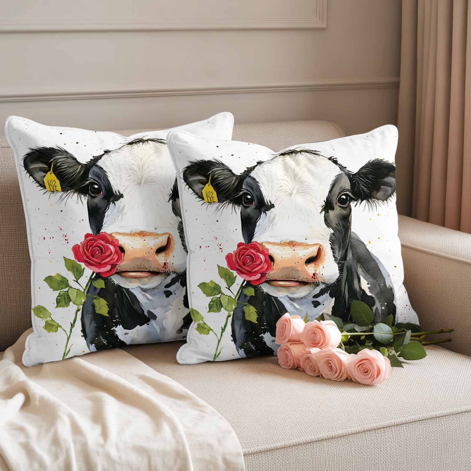Black White Cow Outdoor Waterproof Pillow Covers, Spring Farmhouse Animals Printed Red Floral Decorative Square Throw Pillowcase Sofa Cushion Sham for Patio/Couch/Chair, 26"x26" 2 Pack