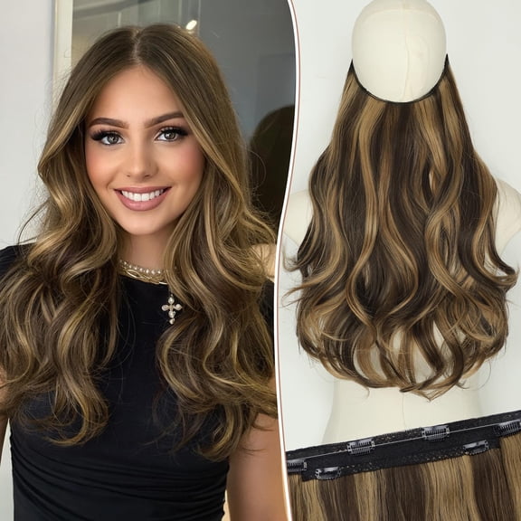 Invisible Wire Hair Extensions 20" Long Wavy Layered Synthetic Clip in Hair Extension with Transparent Wire Adjustable Size 6 Secure Clips Dark Brown Thick Hairpieces for Women20 Inch,150g