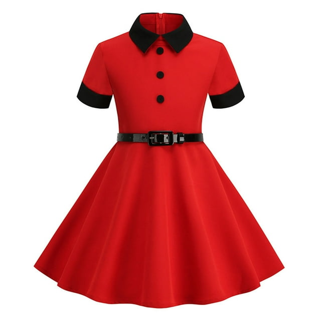 Birdeem Robe à Manches Courtes Col Rond Filles Été Rétro Taille Nouée Couleur Bouton Robe à Manches Courtes Col Rond