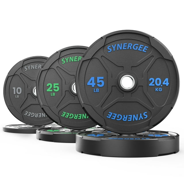 Synergee Bumper Plates – Durable Olympic Weight Plates, Low-Bounce Rubber for Strength Training, Powerlifting, and Functional Workouts.