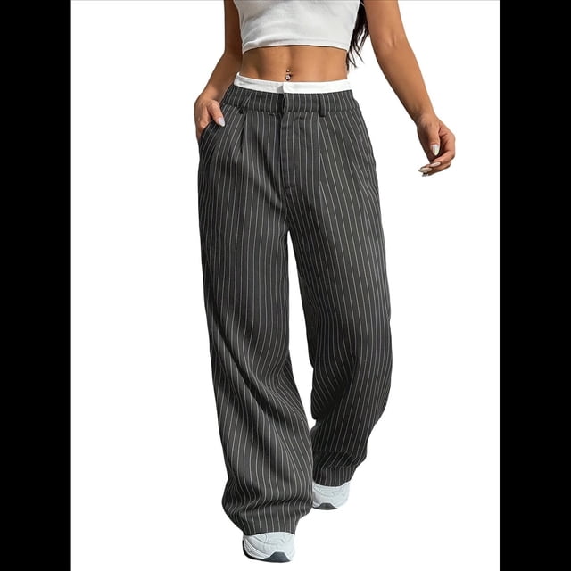 Pantalones Anchos y Holgados para Mujer, Estilo Palazzo Harén, Informales, A Rayas, con Cintura Elástica y Bolsillos Gris S