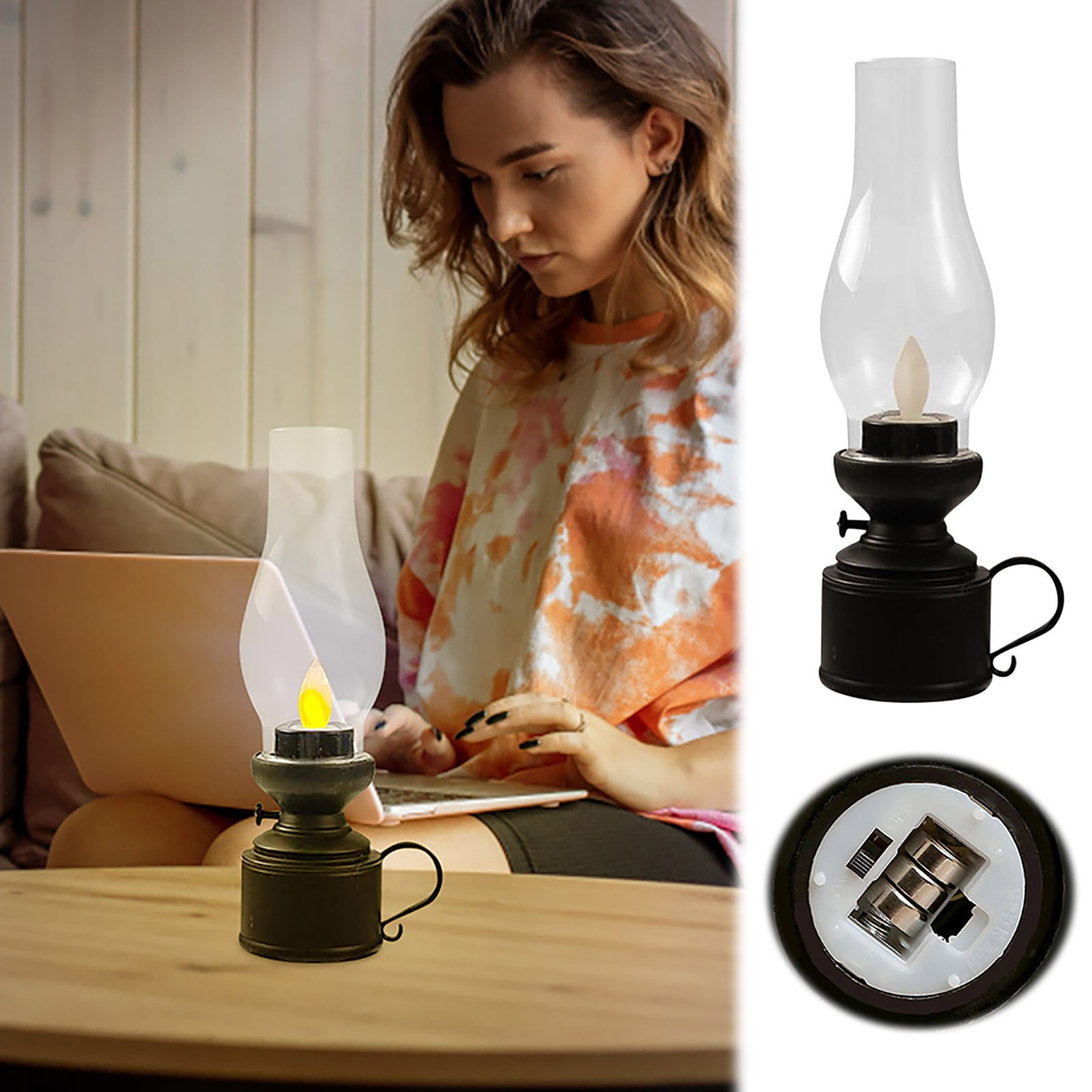 Halloween Vintage Flameless LED Kerosene Lantern Lamp, Battery Operated Table Lamp with Clear Glass, Retro Oil Lamp Style Night Light for Bedroom Living Room Indoor Tabletop Decoration
