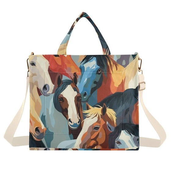 Horses Corduroy Tote Bag Handbag Large Messenger Bag Shoulder Crossbody Zipper Bag Purse