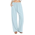 thumbnail image 3 of Pxxlle Cotton Linen Pants for Women Dressy Straight Leg Long Pant Business Casual Drawstring High Waisted Trousers with Pockets Light Blue M, 3 of 10