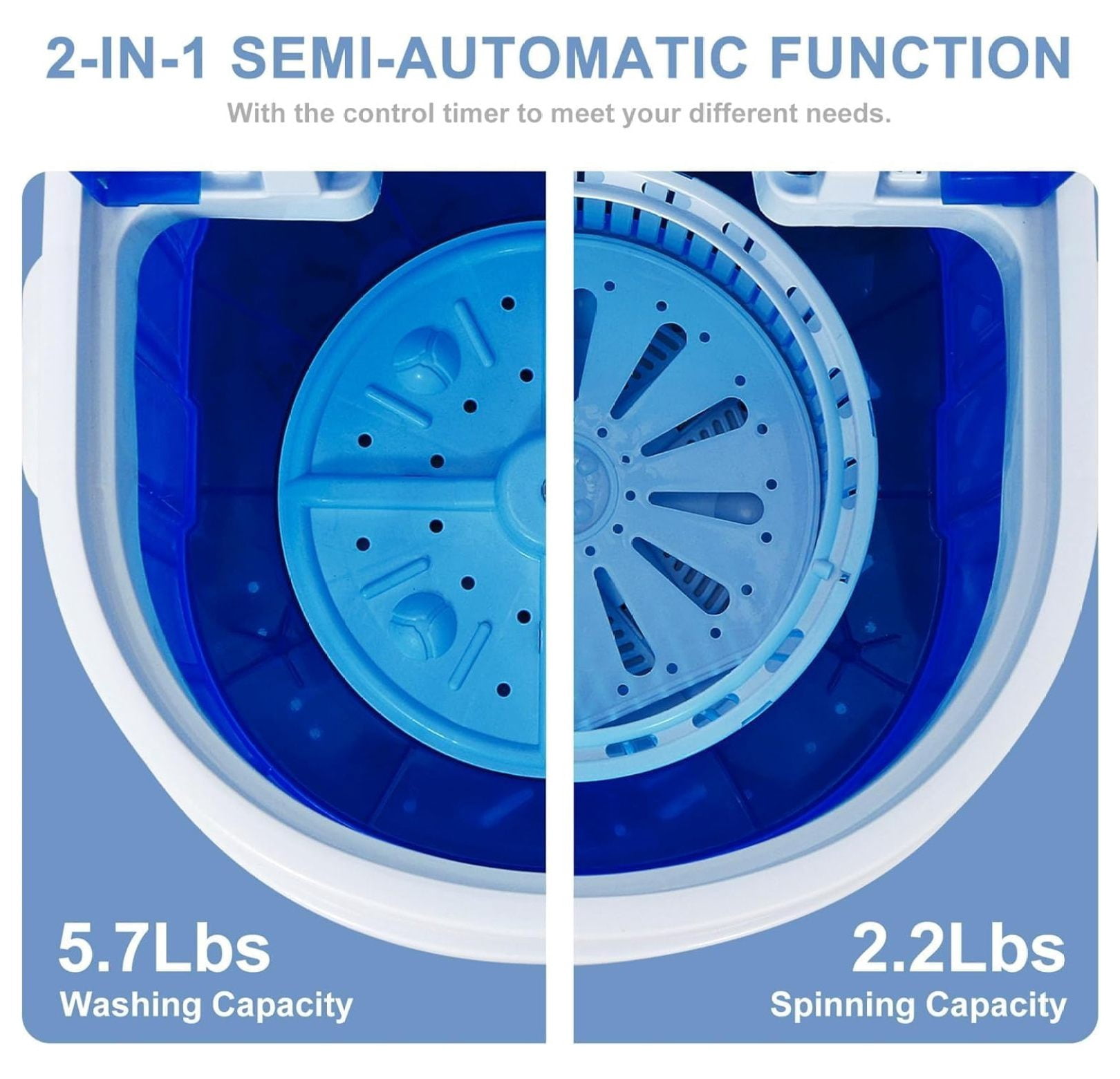 2-IN-1 Portable Washer and Spinner Combo, 5.7LBS Mini Washing Machine 2.2LBS Spin Dryer with Drain Pump and Hose, Semi-Automatic Compact Washer for Small Spaces, Camping