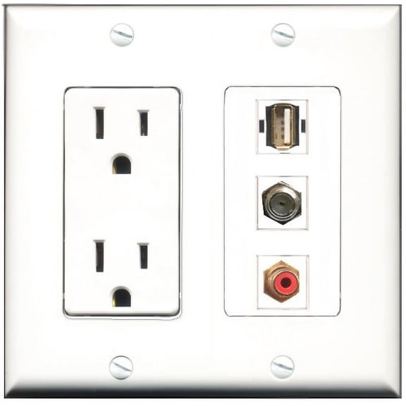 RiteAV - 15 Amp Power Outlet 1 Port RCA Red 1 Port Coax 1 Port USB A-A Decorative Wall Plate
