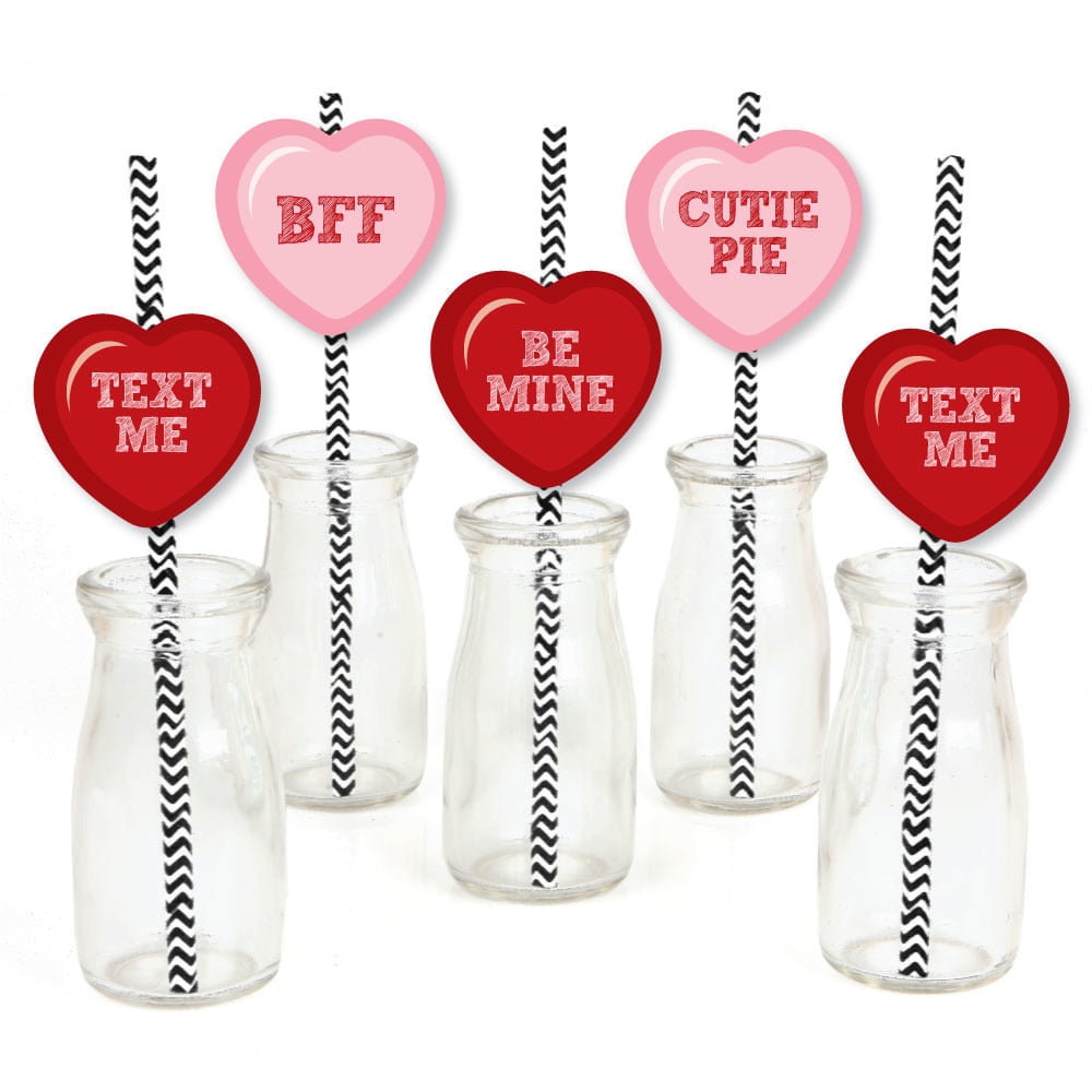 Conversation Hearts Paper Straw Decor - Valentine's Day Party Striped Decorative Straws - Set of 24