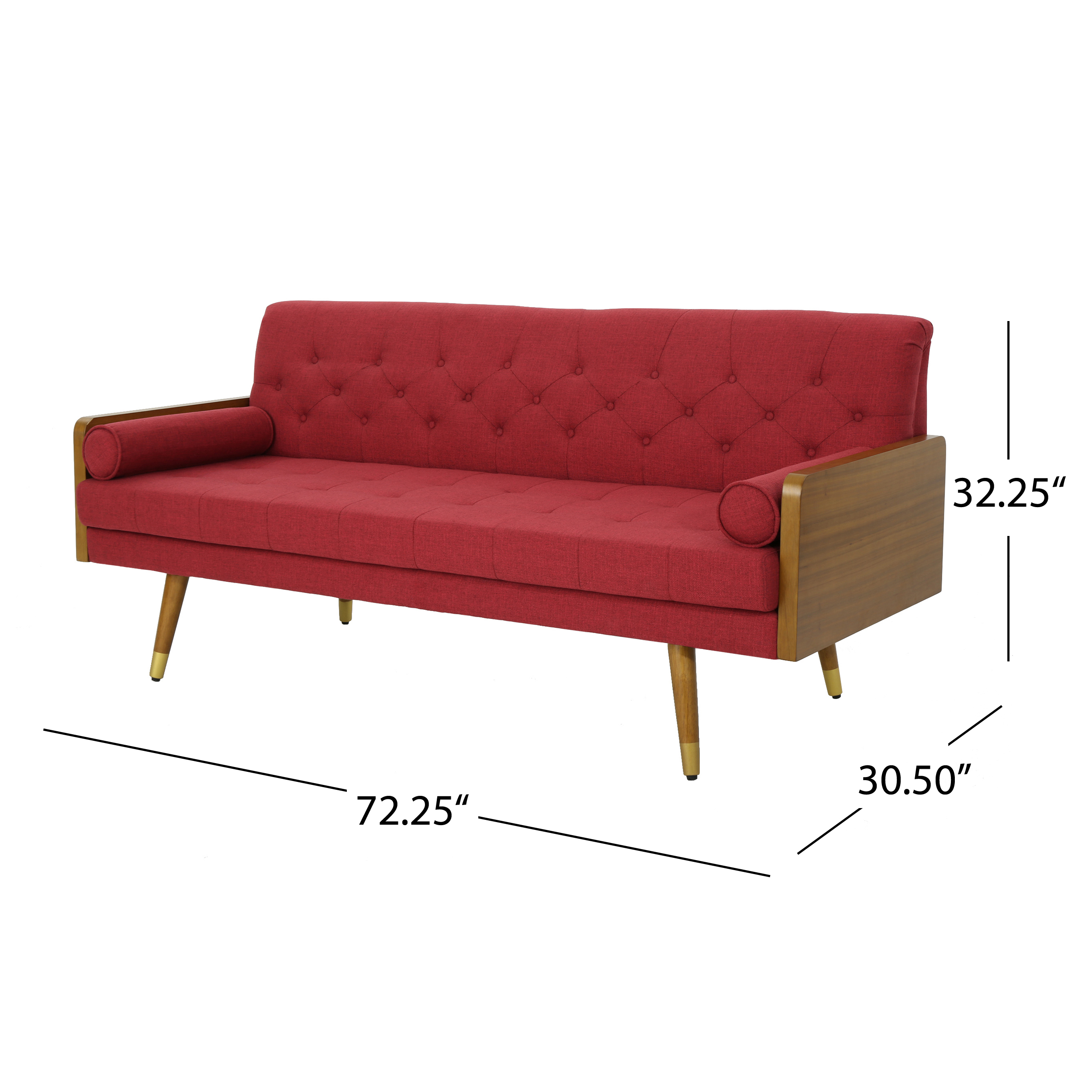 Demuir Mid Century Modern Tufted Fabric Sofa with Rolled Accent Pillows, Red - image 4 of 10