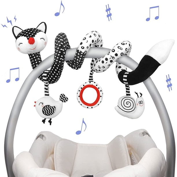 baby spiral plush toys, black and white baby carriage toys, car seat toys, hanging rattle toys for crib movement, best gifts for newborn sensory toys 0 3 6 9 12 months baby fox