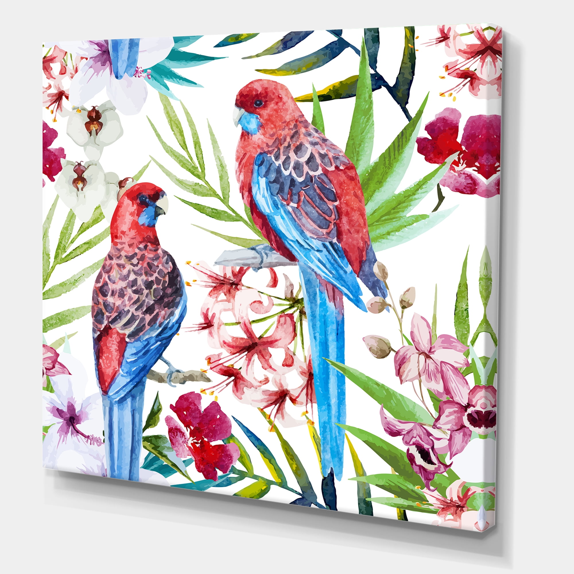Designart ' Rosella Birds Sitting On Flowers Tree Branch ' Traditional Canvas Wall Art Print