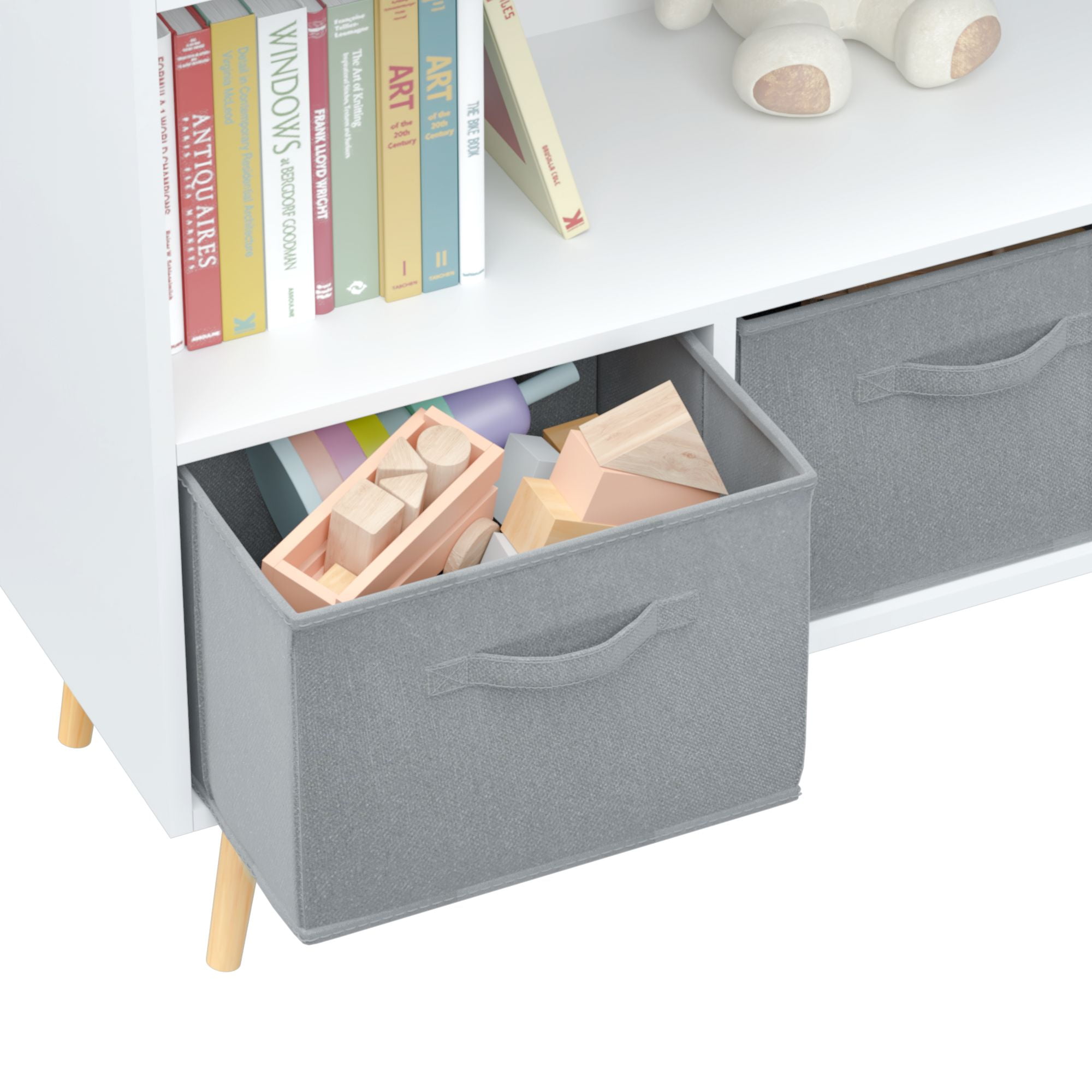 Kids Bookcase with Collapsible Fabric Drawers,Toy Storage Cubby,Children's Book Display,Toy Storage Cabinet Organizer,White/Gray