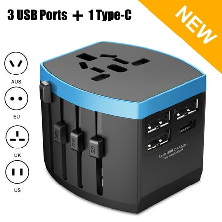 - Nerdi Universal Travel Adapter, All in one International Power Adapter for US / UK / Europe / AUS Over 150 Countries Worldwide, 1 AC Outlet + 1 Type-C Port + 3 USB Ports
