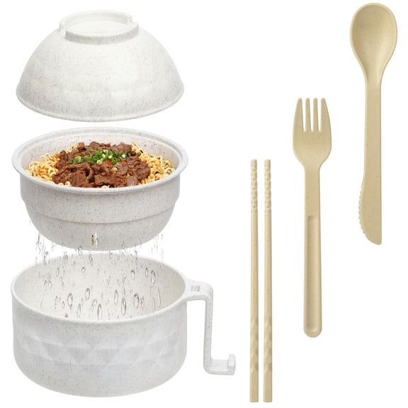 Microwave Ramen Bowl,Ramen Noodles Bowls,Happon 3 in1 40oz Ramen Bowl Set with Lid,Ramen Bowl Set with Chopsticks, Spoon, Fork, Ramen Noodle Cooker for Dorm, Home, Office (Beige)
