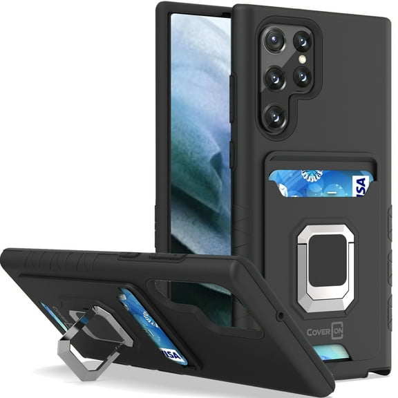 CoverON For Samsung Galaxy S22 Ultra Phone Case, KickStand Ring Credit Card slot Rugged Cover Magnetic holder, Black