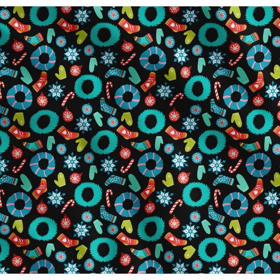 Soimoi Black Cotton Voile Fabric Snowflake & Wreath Christmas Print Sewing Fabric Yard 42 Inch Wide
