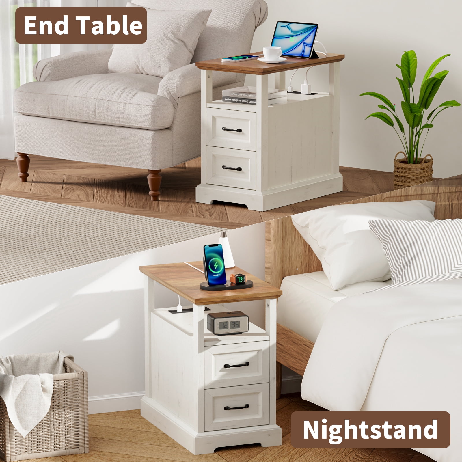 Hommpa 2 Drawers End Tables With Charging Station For Living Room, Farmhouse Narrow Sofa Side Table For Small Spaces, Nightstand Bedside Table with Storage For Bedroom, Rustic White