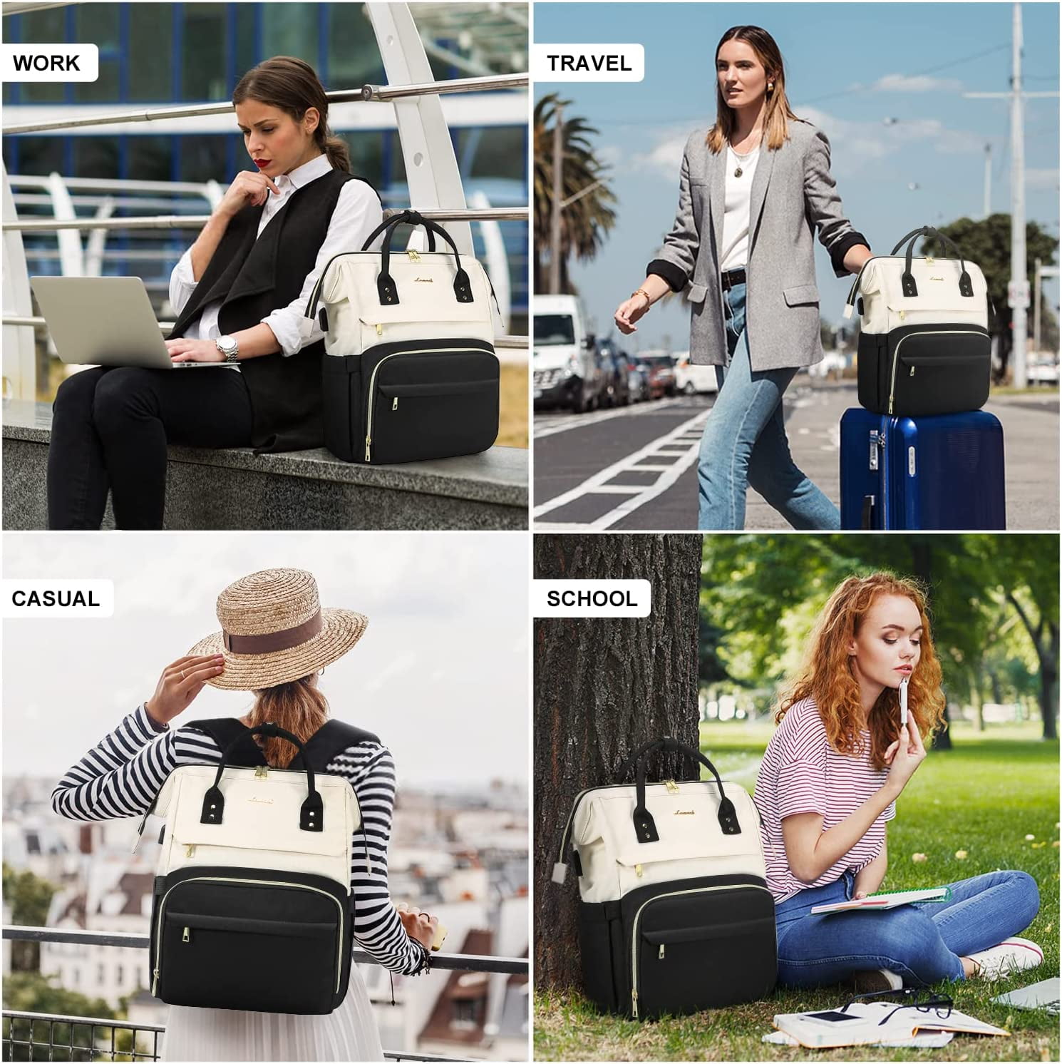 Lovevook Laptop Bag 15.6",Women Work Computer Bag Teacher Nurse Backpack Purse with USB,Waterproof Travel Backpack College Bookbag(Beige-Black)