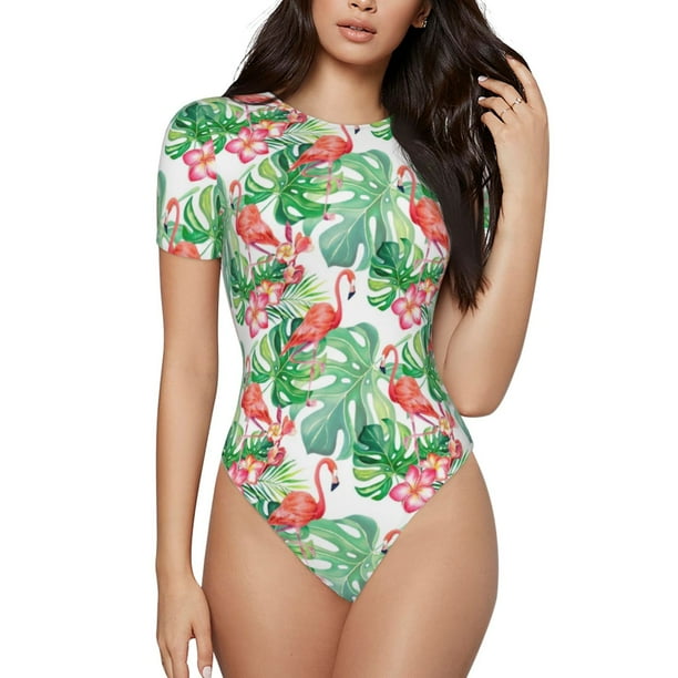 Fotbe Flamingo And Monstera Body de Mujer con Cuello Redondo y Mangas Cortas, Sin Mangas Ajustado, Suave, Cómodo y Básico-XX-Large