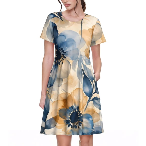 Watercolor Floral Dresses Short Sleeve Nightdresses for Women