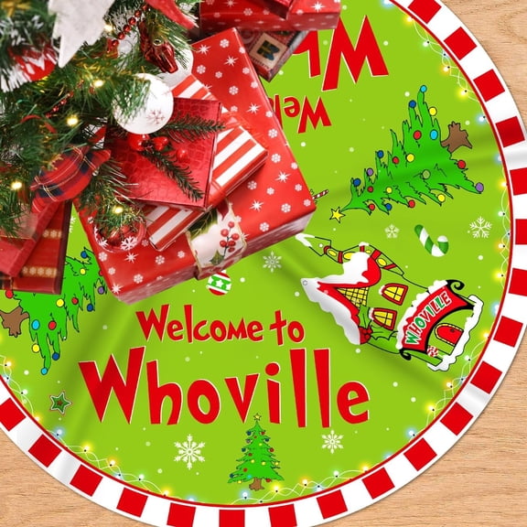 Greeny Christmas Tree Skirt Welcome to Whoville Tree Skirt 48 Inch Red and Green Whoville Christmas Decorations Xmas Holiday Home Decor