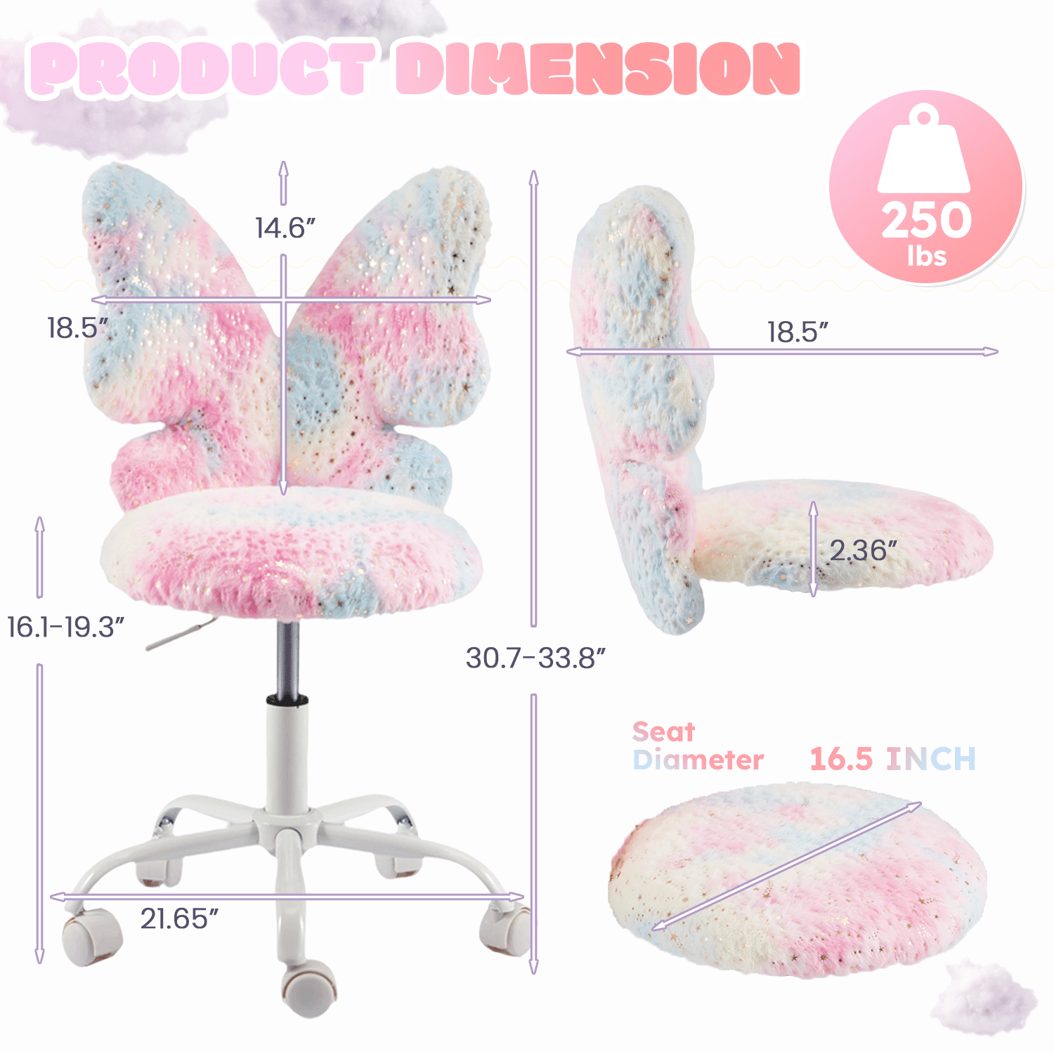 Kids Desk Chair with Butterfly Back, Adorable Fluffy Wheeled Desk Chair for Girls, Faux Fur Adjustable Height Swivel Vanity Chair for Kids Bedrooms and Reading Rooms,Colorful Pink