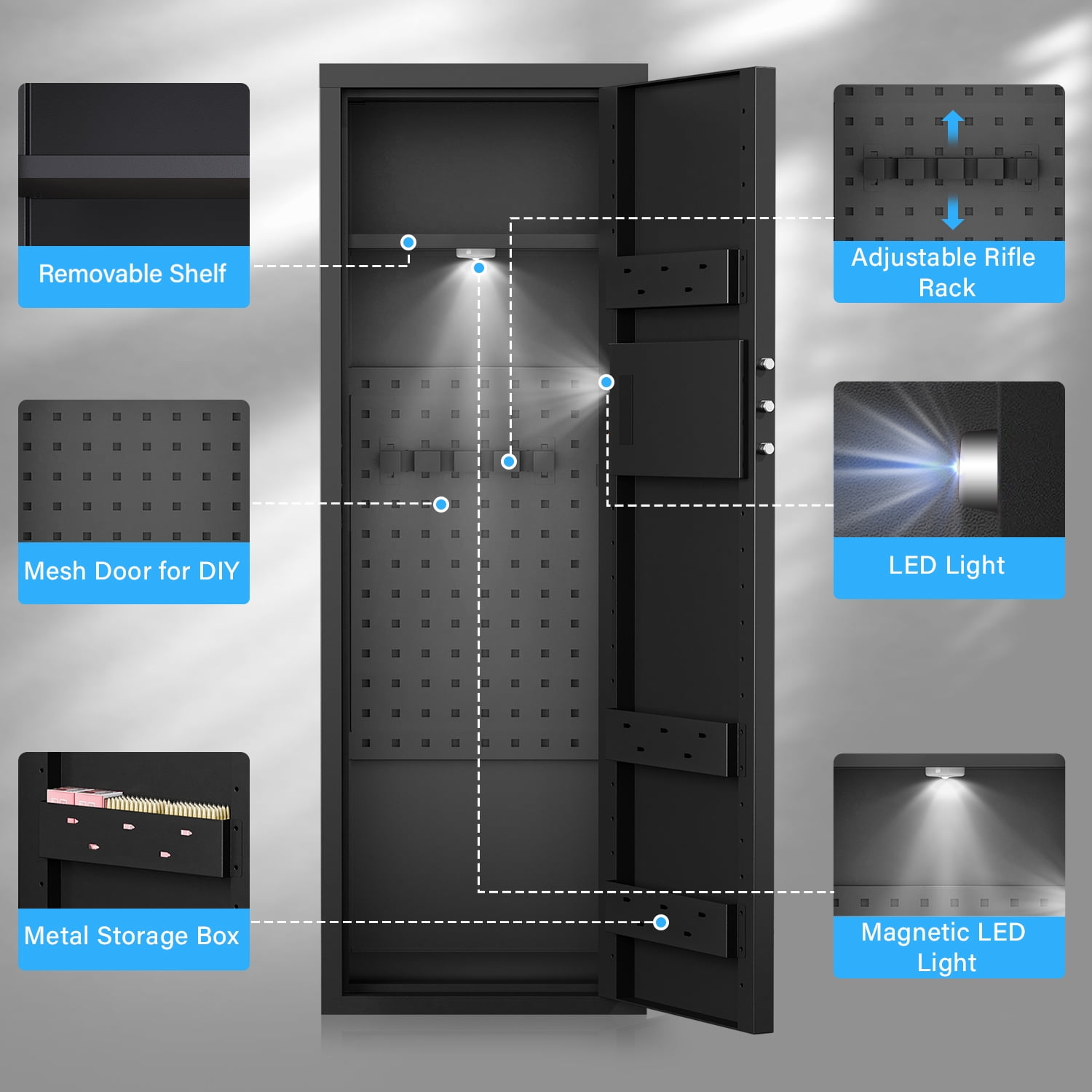 Kavey 6-8 Gun Safe for Shotguns, Large Unassembled Gun Safe for Shotguns with Dual Alarm and Mute Mode, Long Gun Cabinet for Guns with Touchscreen Pad, Removable Shelves