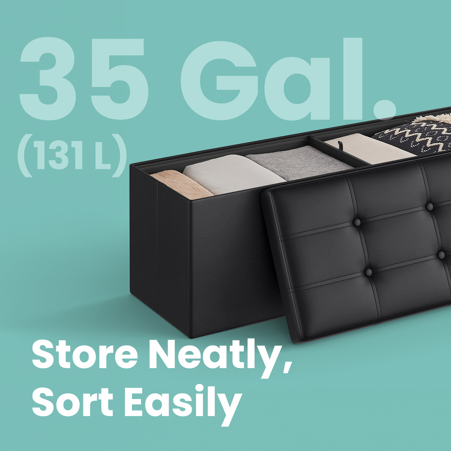 Ledrem 43" Foldable Storage Ottoman Bench, Black photo 3