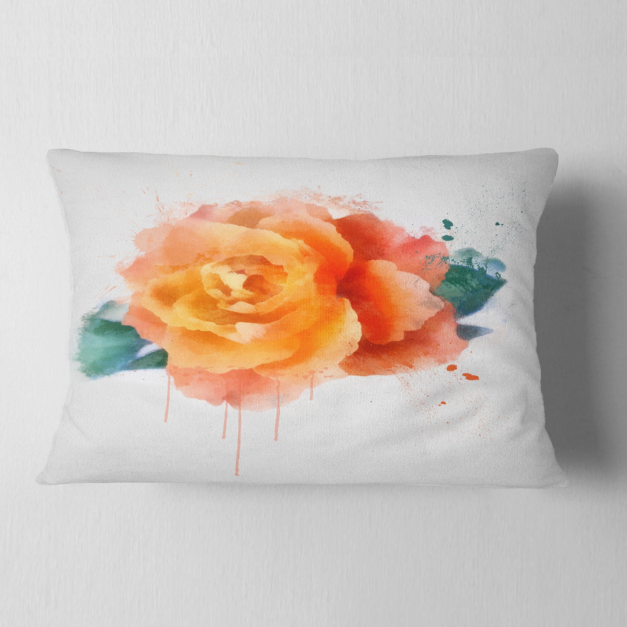 Designart Orange Rose with Green Leaves - Floral Throw Pillow - 12x20